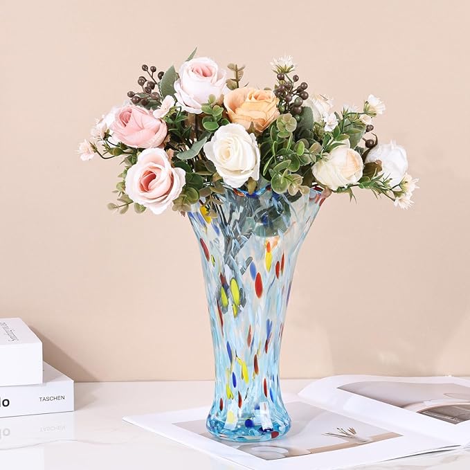 9.0" H Aqua Glass Vases for Flowers, Unique Hand Blown Glass Vase Aqua Home Decor, Wide Mouth Colorful Flower Vase Centerpieces, for Living Room Table Bookshelf, Bathroom Office Shelf Decorative