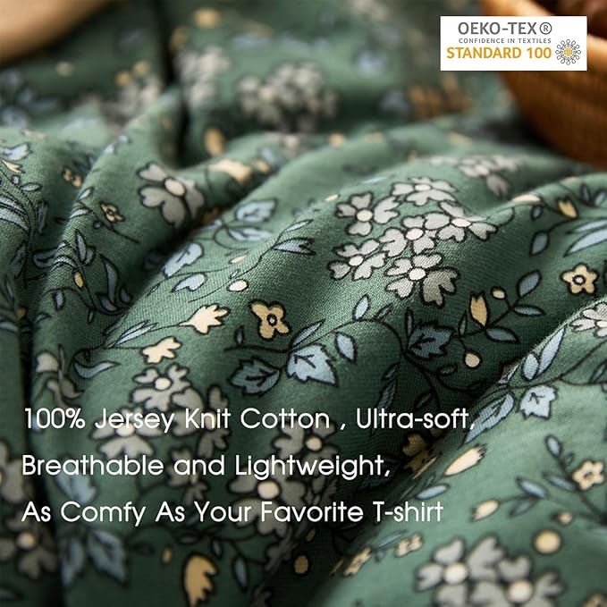 EAVD Vintage Style Green Floral Duvet Cover Twin XL Jersey Cotton Cottagecore Bedding Set with 2 Pillowcases Chic Shabby Botanical Floral Comforter Cover with Zipper Closure