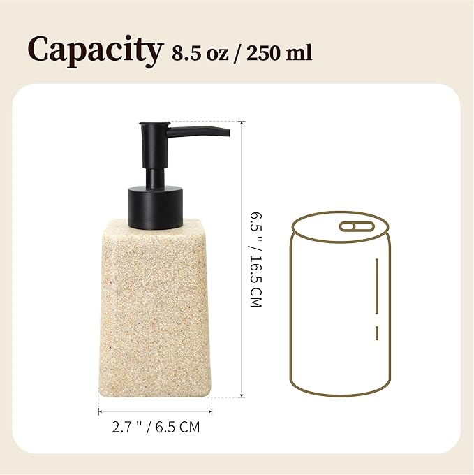 Bathroom & Kitchen Countertop Soap Dispenser, Modern Sandstone-Look Resin Bottle with ABS Pump, Durable Shatter-Resistant 8.5 oz Dispenser (Beige)