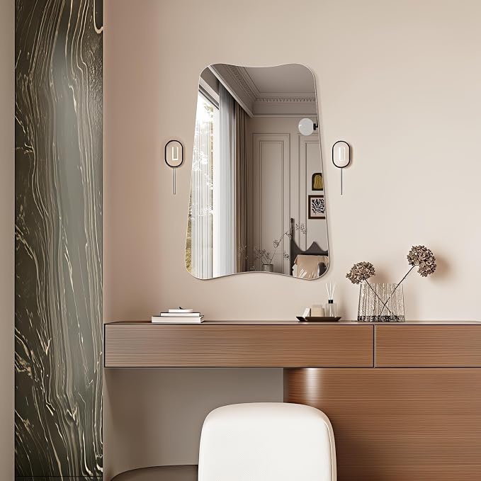 Niccy Irregular Mirror, 24"x36" Asymmetrical Bathroom Mirror, Decorative Modern Mirrors for Bathroom, Bedroom, Living Room, Entryway, Frameless Vanity Mirror, Unique Wall Mounted