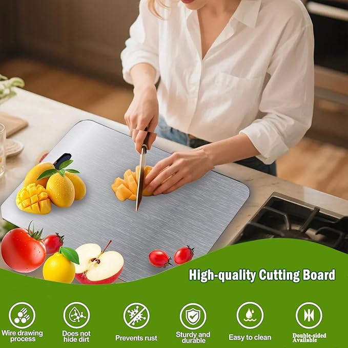 Titanium Cutting Board, 2025 New Upgrade 100% Pure Titanium Cutting Boards for Kitchen, Double Sided Non Stick Chopping Board for Cutting Meat Vegetable Fruit, Easy to Clean (L)