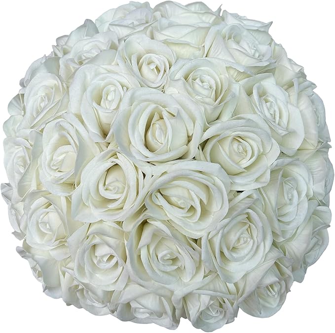 FagusHome 30 Pcs Silk Rose Artificial Flowers Roses Bulk Bouquet Fake Flowers Rose Heads with Stems for Home Wedding Decor (White)