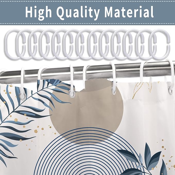 Boho Mid Century Shower Curtain, Navy Blue Modern Minimalist Abstract Geometric Gold Plant Leaves Sun Arch Bathroom Curtains Waterproof Fabric Buthtub Curtain Set with Hooks 66" Wx72 L