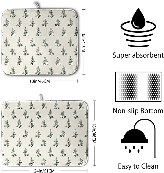 Christmas Tree Dish Drying Mat Winter Xmas Holiday Drying Mats Microfiber Absorbent Dishes Drying Pad Reusable Washable Kitchen Countertop Protector Dish Drainer Rack Mat 18x24 Inch