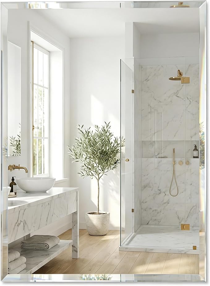 24 x 36 Inch Large Rectangular Bathroom Mirror, Frameless Beveled Vanity Mirror for Over Sink, Solid-Backed 2-Way Wall Mirror for Master Bath