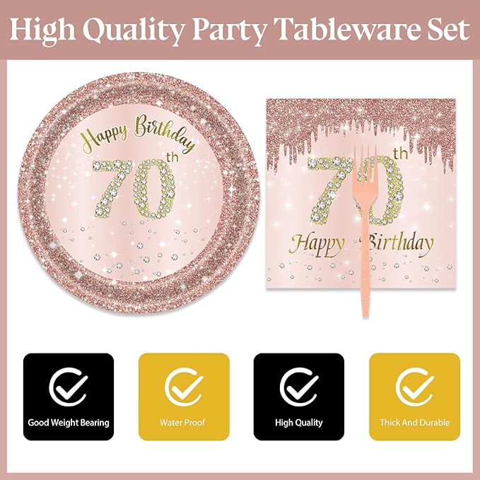 72 Pcs 70th Birthday Paper Plates and Napkins Party Supplies, Rose Gold 70th Birthday Party Plates and Napkins Tableware Set for Men Women Cheers to 70 Years Birthday Party Decorations Serves 24