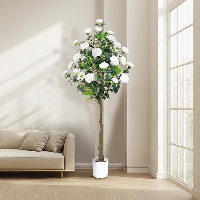 Artificial Camellia Tree 6FT – Nearly Natural Faux Plants Indoor, with Easy Assembly, Low Maintenance, Ideal for Both Indoor Decoration and Other Purposes，Perfect Porch Christmas Trees (White 6ft)