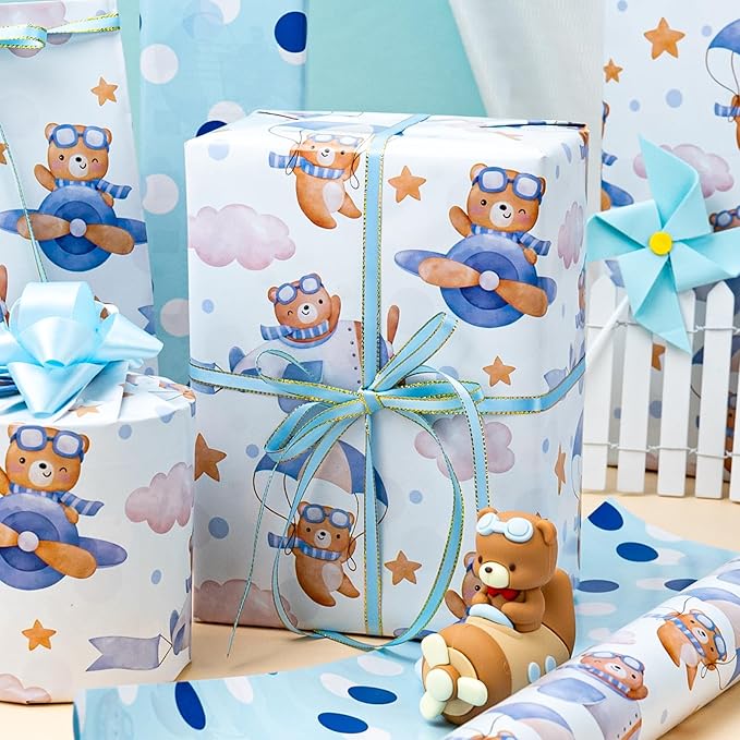 HOMERAL Baby Boy Wrapping Paper Roll - Adorable Blue Pilot Bear Design, Reversible Gift Wrap for Boy Birthday, Boys Baby Shower, Gender Reveal - Stars, Dots, Airplane and Parachute - 17 Inch x 33 Feet