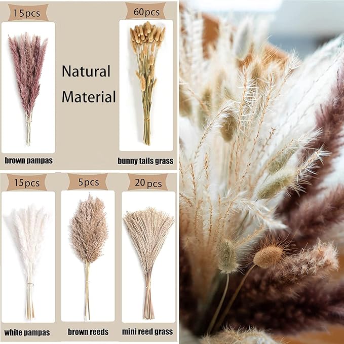 Dried Pampas Grass Decor 115 PCS Dried Plants,Dried Flowers Natural pompas Floral for Wedding, Boho Decor , Home, Rustic Party, Baby Shower Arrangement Centerpiece Table Decorations