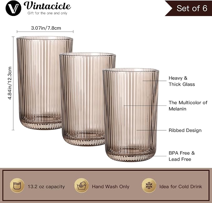 Gray Ribbed Highball Glasses Set of 6, 13.2oz Smokey Gray Colored Glassware, Drinking Glasses for Water, Juice, Iced Coffee, Cocktails, Glass Cups, Housewarming Christmas Gift