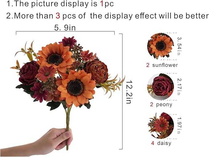 3 Bunches Sunflowers Fake Flowers, Fall Silk Artificial Sunflowers Decorations for Home Office, Wedding, Autumn Floral Arrangements, Halloween, Thanksgiving, Harvest Festival Decoration