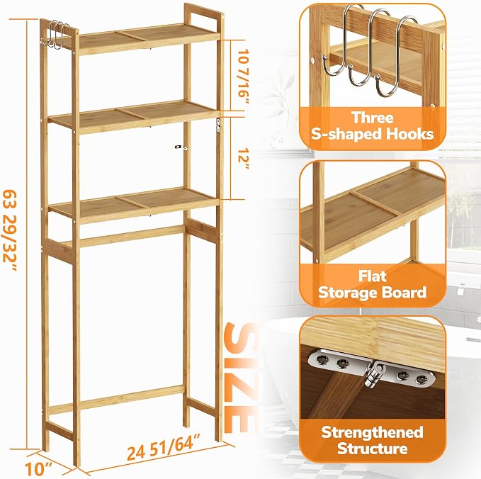 AMBIRD Over The Toilet Storage, 3-Tier Bathroom Organizer Over Toilet with Sturdy Bamboo Solid Shelves, Non-Slip Pads and 3 Hooks, Multifunctional Behind Toilet Shelf Rack, Space Saver (Original)