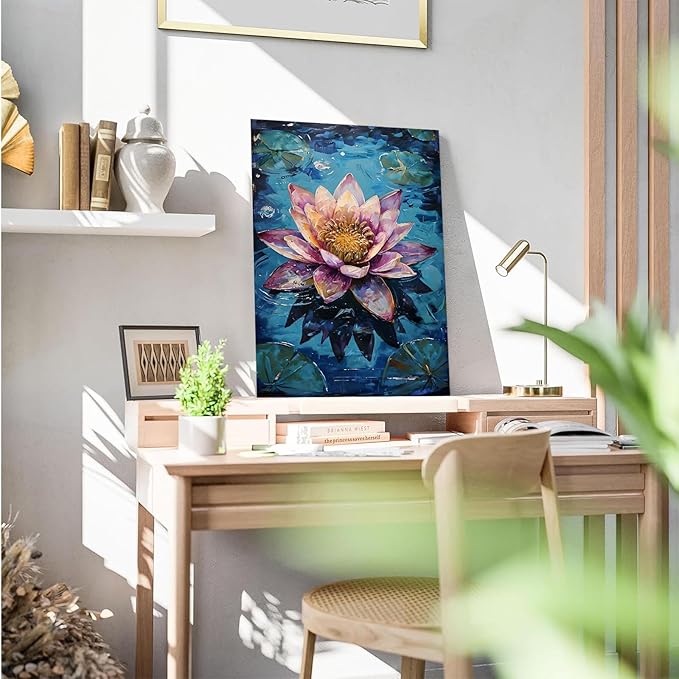 Gorgeous pink and purple water lilies on deep blue water Eye-catching oil painting Serene aquatic wall art for modern home decor 16x24in Wood Framed