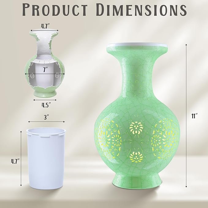 3D Puzzle Vase, 160 Curved Pieces DIY Flower Vase Craft Kit & 3D Puzzles for Adults, Creative Jigsaw Art Project Home Décor Centerpiece, (C-Jade Floral Carving)