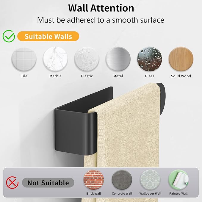 Adhesive Towel Holder, Self Adhesive Hand Towel Racks for Bathroom Wall Mounted, 8 Inch Square Hand Towel Bar Stick on Wall for Kitchen Cabinet RV, Black