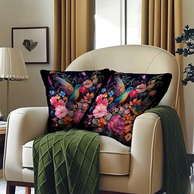 Hummingbird Throw Pillow Covers 18x18 Set of 2 | Reversible Decorative Cushion Cases for Living and Bed Room | Square Bird Pillowcases for Sofa, Couch and Outdoor