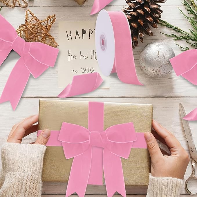 10 Yards Pink Velvet Ribbon 1 1/2 Inch for Christmas Tree,Light Pink Velvet Christmas Ribbon for Gift Wrapping Crafts Bow Wreath Holiday Decorations (Pink)