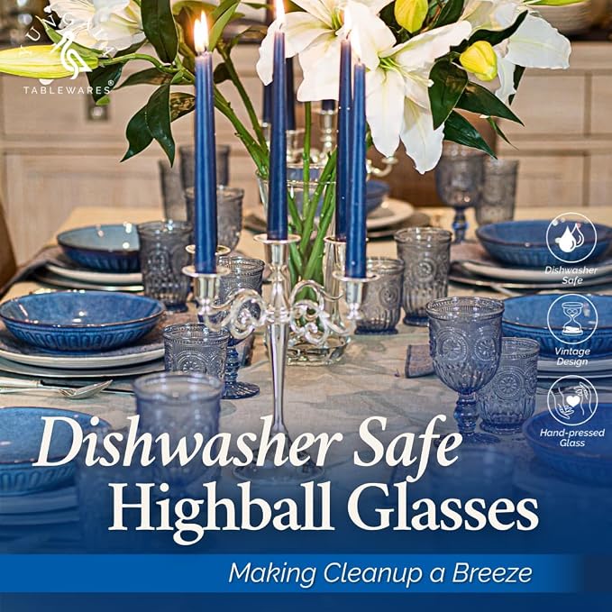 Blue Highball Glasses Set of 6 Tall Drinking Glasses 10 oz