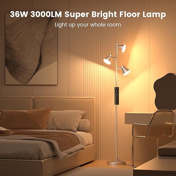 SIBRILLE 36W LED Tree Floor Lamp, Dimmable Tall Standing Lamp with Remote & Touch Control, 4 Color Temperatures Bright Floor Lamp, 3 Rotatable Light Modern Floor Lamps for Living Room Bedroom Office