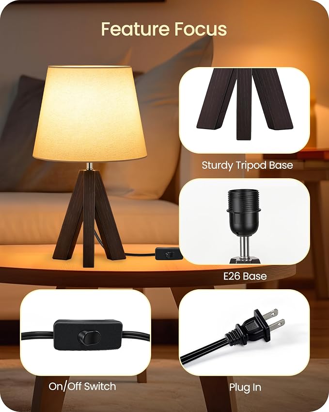 Small Table Lamp for Bedroom, 14.6" Bedside Lamp with White Linen Shade and Walnut Wood Tripod Base, Modern Nightstand Lamp for Living Room, Nursery, Entryway, E26 Socket, VW51TL05