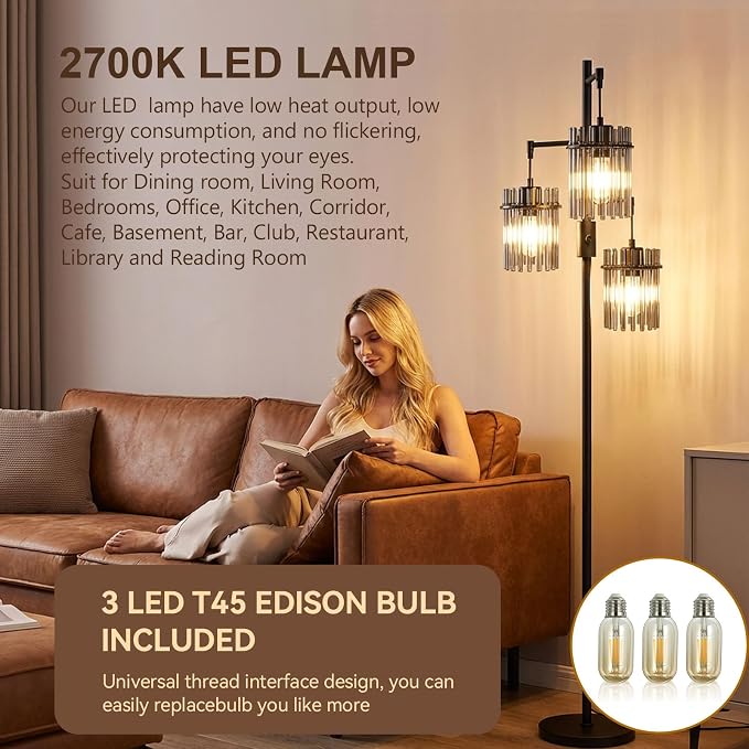 Industrial Floor Lamps for Living Room, Dimmable Floor Lamp Modern Standing Lamps with Glass Lampshade, Rotary Switch, LED Bulbs, Tall Lamps for Bedroom, Office (3 Lampshades(66inch))