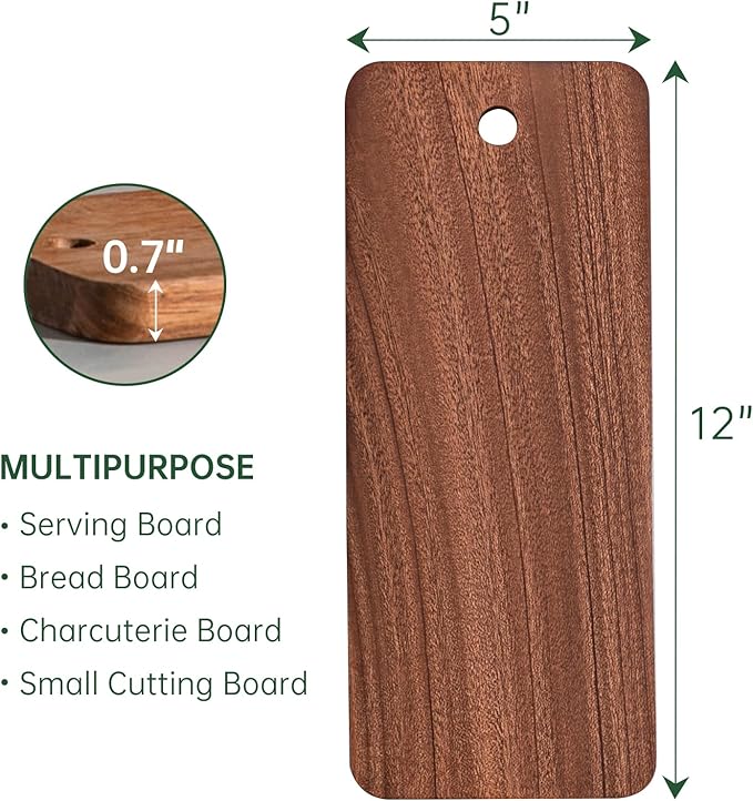 Small Wooden Cutting Board for Kitchen, Acacia Wood Chopping Board, Charcuterie Boards Serving Tray for Meat, Vegetables, Fruits, Bread, Cheese 12" x 5" x 0.7"
