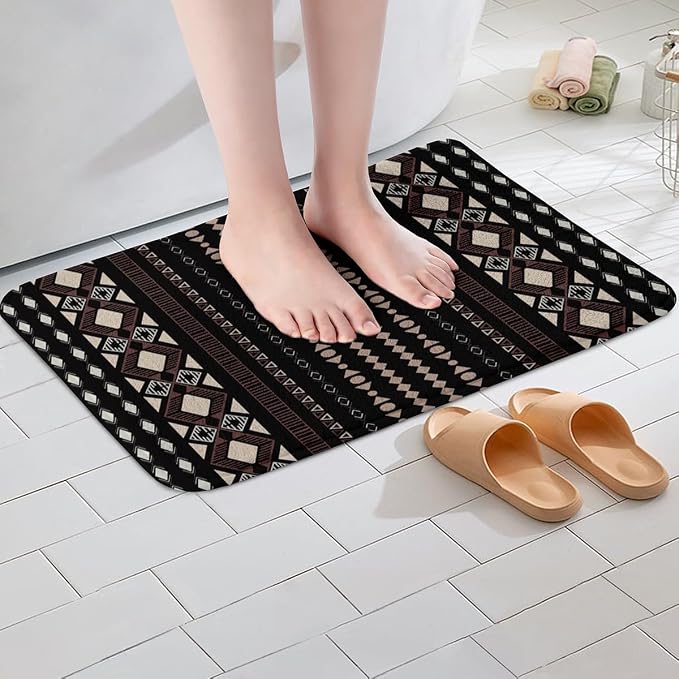Feelyou Boho Aztec Bath Rugs 20"x32" Western Bohemian Striped Bathroom Rugs Brown Black Bath Mats for Bathroom Women Girls Soft Non Slip West Cowboy Traditional Theme Bathroom Accessoriess