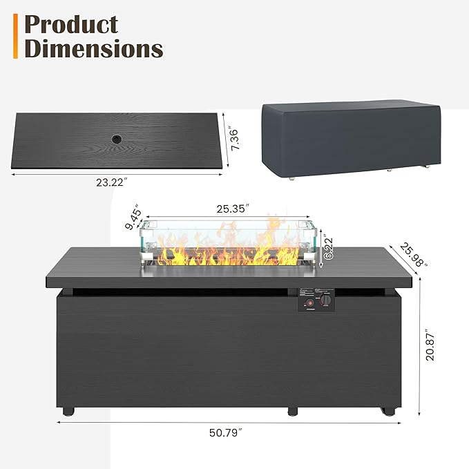 Sundale Outdoor 51 Inch Outdoor Fire Pit Table, 50,000BTU Rectangle Propane Fire Pit with Sliding Tank Holder, Glass Wind Guard, Removable Lid, CSA Certified, Gray