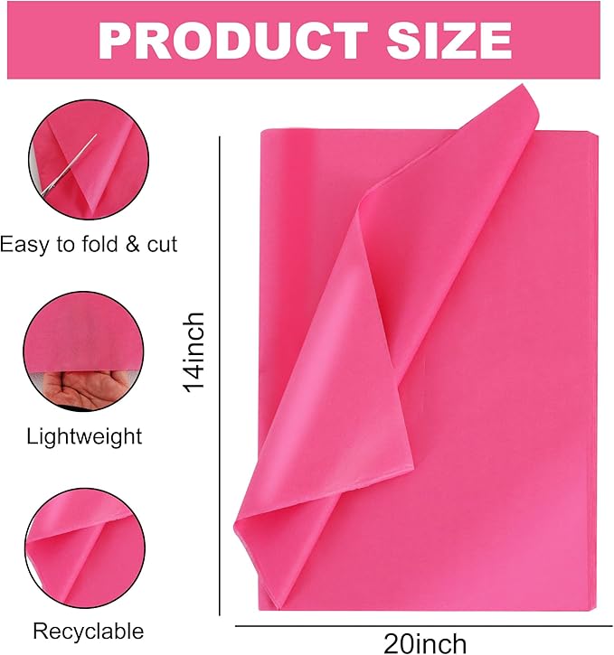 BEISHIDA 100 Sheets Hot Pink Tissue Paper Bulk, Wrapping Tissue Paper for Gift Bags, 14 x 20 Inch Gift Wrap for Birthday Wedding Graduation DIY Crafts Holiday Flowers
