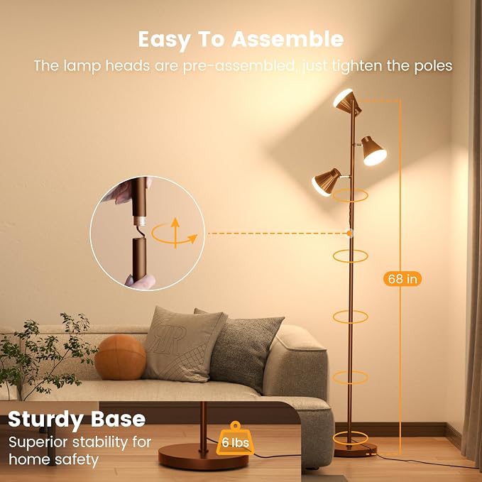 SIBRILLE 36W LED Tree Floor Lamp, Dimmable Tall Standing Lamp with Remote & Touch Control, 4 Color Temperatures Bright Floor Lamp, 3 Rotatable Light Modern Floor Lamps