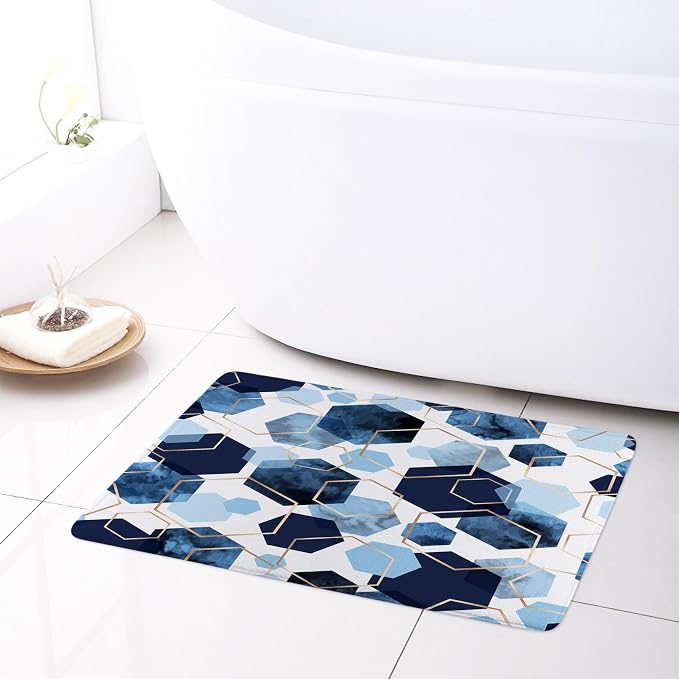 LB Navy Blue Marble Bath Mat Abstract Geometric Floor Rug for Bathroom Gold Honeycomb Hexagon Doormat Non Slip Memory Foam Absorbent Living Room Bedroom Door Front Area Rugs,24Wx16H inch
