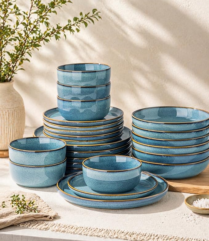 GBHOME Ceramic Dinnerware Sets for 6, 18 Pieces Stoneware Plates and Bowls Sets, Scratch Resistant Dishes, Dishwasher & Microwave Safe, Space Blue