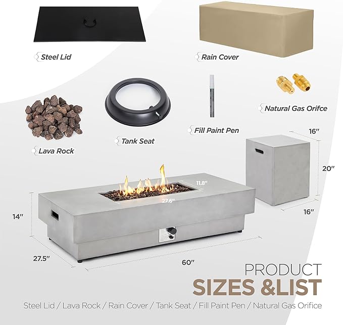 SiTimmGer 60-inch Outdoor Propane Fire Pit Coffee Table with Tank Cover, 50,000 BTU Concrete Rectangle Modern Outside Fire Table, Auto-Ignition, Included Lava Rocks, Metal Lid & Waterproof Cover