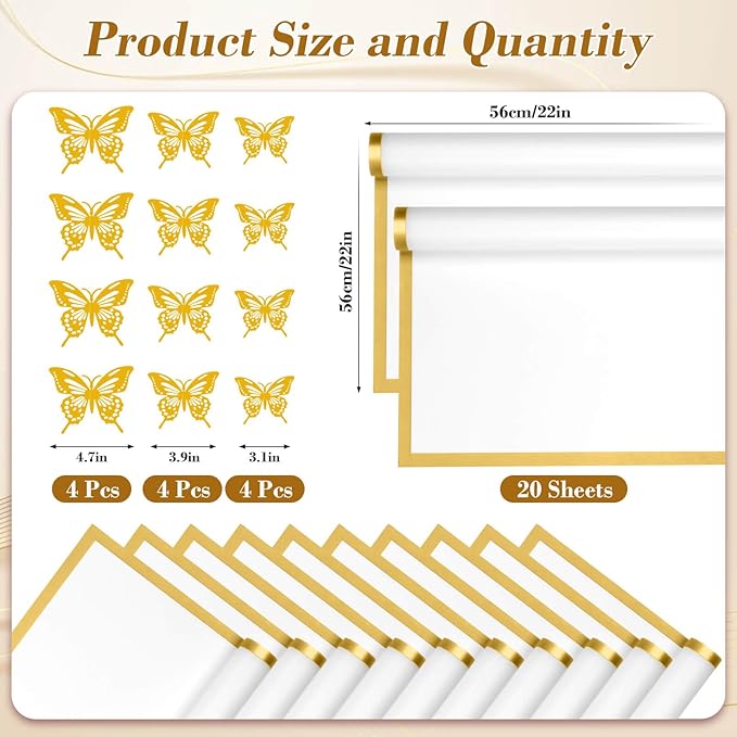 cridoz 20 Sheets Flower Bouquet Wrapping Paper with 12 Pieces Gold Butterfly Decorations for Flower Bouquets, Waterproof Floral Bouquet Wrapping Paper for Flower, Gift Wrapping(White)