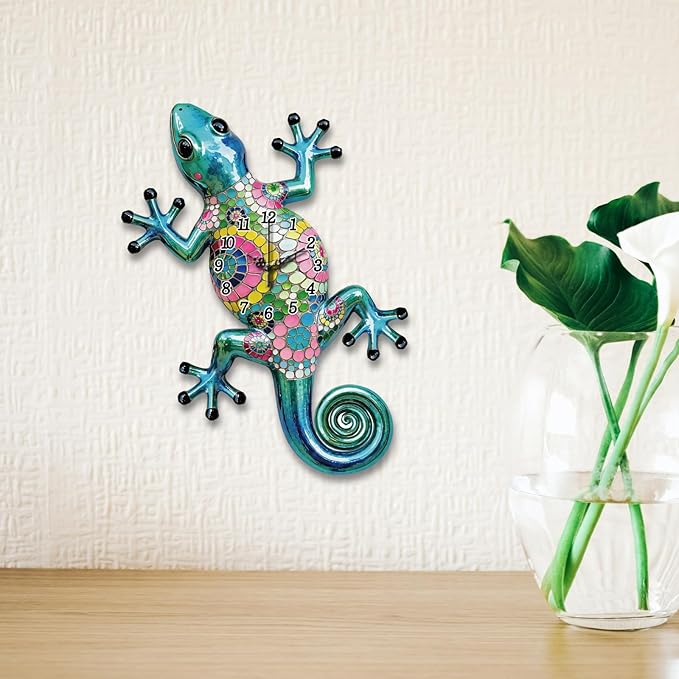 Gecko Wall Clock Irregular Shape Decorative Wall Clock Iridescent Style Non-Ticking Clock for Home Office Decoration, 16.14×12.67 inch
