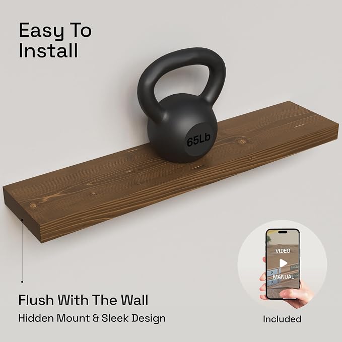 BAOBAB WORKSHOP Wood Floating Shelves for Wall 30 Inches Long, Solid Wooden Bathroom Shelf Large, Heavy Duty Wall Shelf 30 Inch Kitchen Bedroom Rustic Farmhouse, Walnut Shelves, 30W × 6.7D, Set of 2