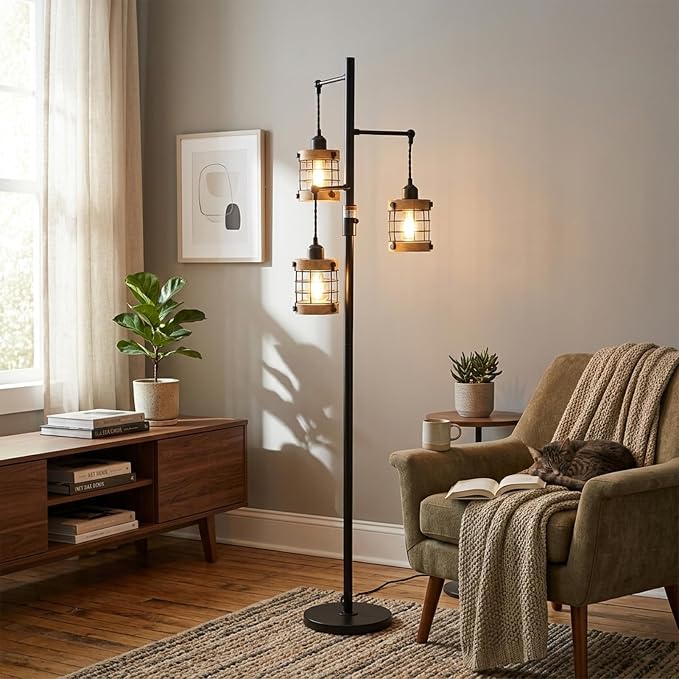 Vintage Wood Floor Lamp for Bedroom, Dimmable Floor Lamps for Living Room, Industrial Standing Lamp Farmhouse Tall Lamp for Office Home, Rustic Corner Floor Lamp Metal Black Pole Lamp