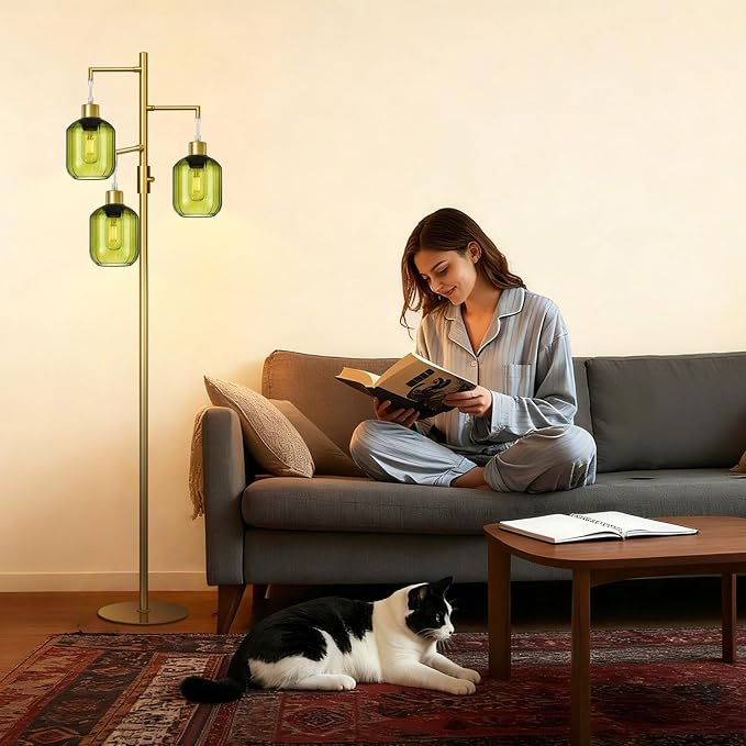 Glass Floor Lamps for Living Room, Modern Standing Lamps with Green Shade, Dimmable Green Tall Floor Lamp, Mid Century Gold 3 Lights Tall Tree Lamp with 3 LED Bulbs