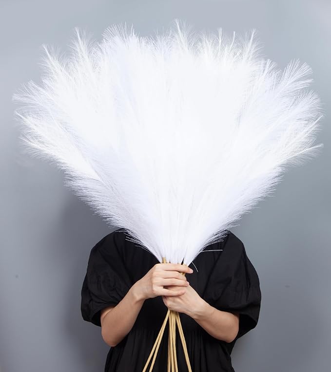 9 Pcs 45" Tall Pampas Grass White Decor, Long Stem Artificial Flower Floor Vase Large Faux Floral Pompas Fake Plants Dried Bouquet Arrangement Vase Filler for Boho Home Wedding Decoration