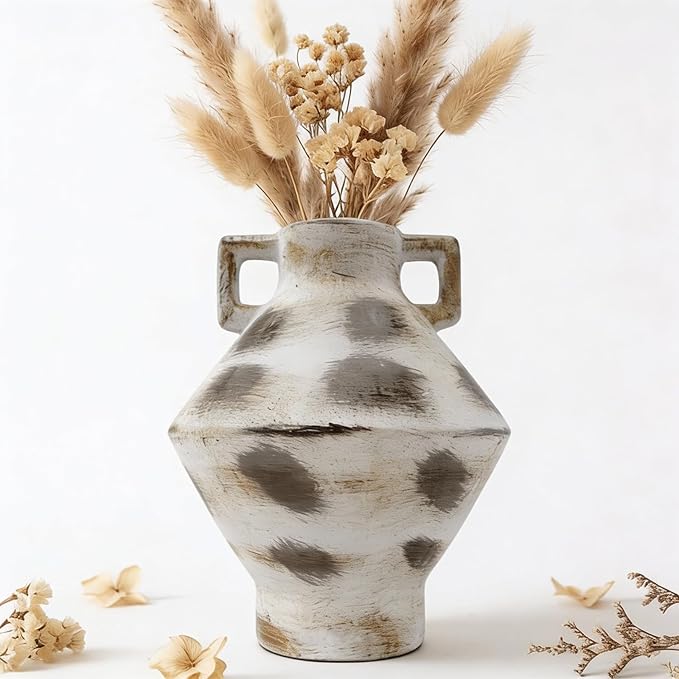 Ceramic Flower Vase, 11 inch Large Rustic Decorative Vases for Centerpieces, Farmhouse Vintage Vase for Home Decor, Dining Table, Living Room,Kitchen, Shelf (White&Brown)