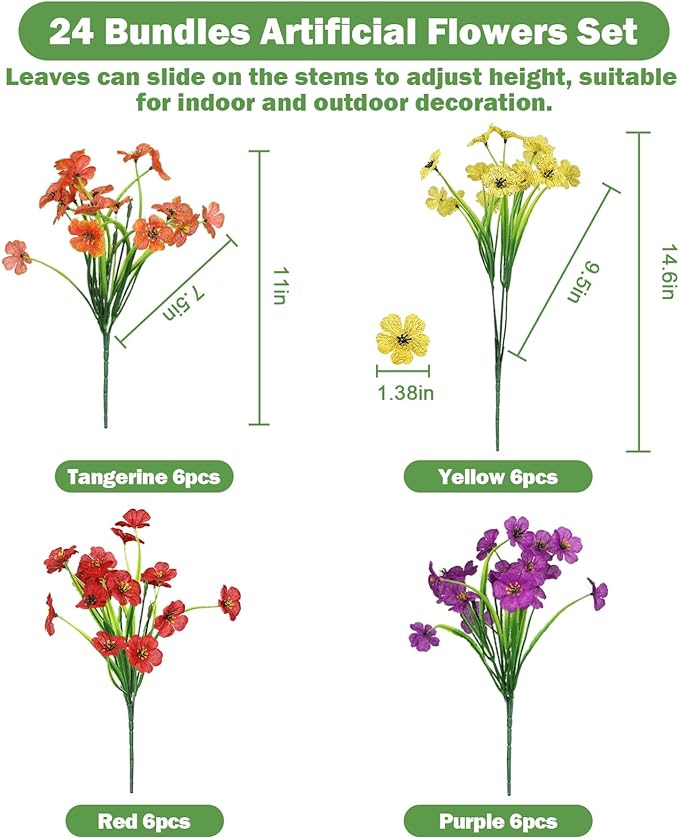 Nepfaivy Artificial Flowers for Outdoors Uv-Resistant - 24 Bundles 4 Colors No-Fade Faux Flowers for Outdoor Planters to Decor Patio Porch Garden Yard, Silk Realistic Faux Outside Flowers Bulk