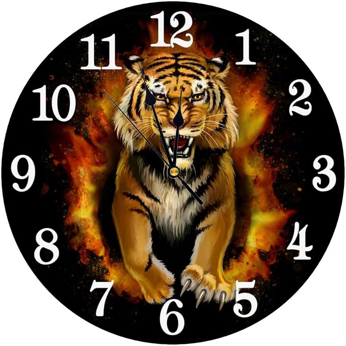 Roar Tiger Wall Clock Battery Operated Silent Round Clock Animal Wall Decor for Home, Office, School 9.8 Inch