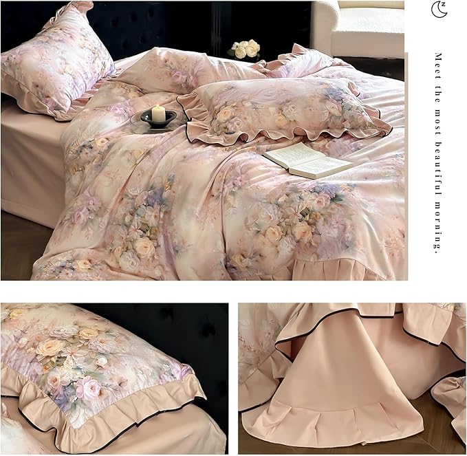 HighBuy Farmhouse Ruffle Duvet Cover Full Size,Pink Floral Lace Ruffle Design Durable Brushed Cotton Duvet Cover Set Coquette Soft Comforter Cover Ruffled,3 Pieces Cottagecore Bedding Set