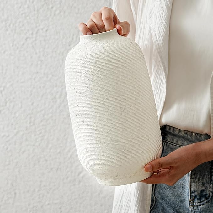 White & Tall Ceramic Flower Vase, 10.8 Inch Textured Vase, Rustic Farmhouse Decorative Floral Pottery for Home Decor Table Living Room Entryway Mantel Bedroom Bathroom Kitchen