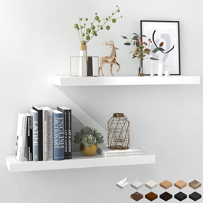 White Floating Shelves for Wall-24in Wall Mounted Display Ledge Shelves Perfect for Bedroom Bathroom Living Room and Kitchen Decoration Storage (Set of 2)