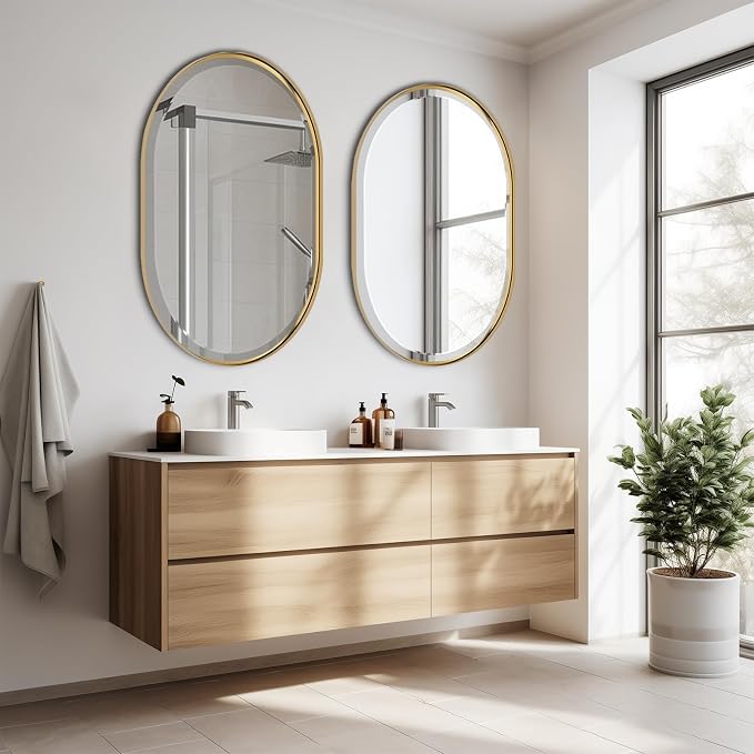 POZINO Beveled Bathroom Mirror, 24"x36" Brushed Gold Oval Vanity Mirror Over Sink, Pill Shaped Capsule Wall Mirrors for Bedroom Entryway Living Room, Hangs Vertically or Horizontally