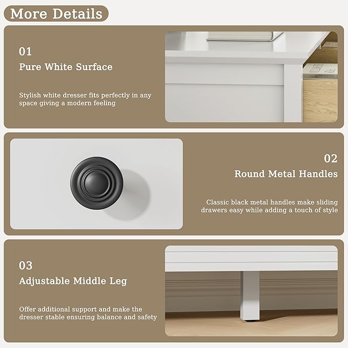White Dresser for Bedroom, 8 Drawer Dresser with Metal Handles, 55" Wide Modern Dressers & Chest of Drawers for Living Room, Hallway, Entryway