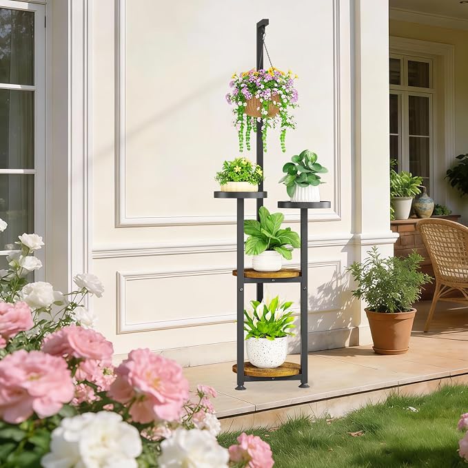 KMOTASUO Black 4 Tier Plant Stand Indoor with Hanging Ring, Tall Large Heavy Duty Metal and Wood Vertical Rack for Multiple Planter, Sturdy Rustic Corner Flower Shelf Holder Organizer for House Patio