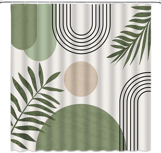 Mid Century Modern Shower Curtain Boho Sage Green Abstract Retro Aesthetic Fabric for Bathroom Decor Bathtub with Hooks (70" WX74.8 H)