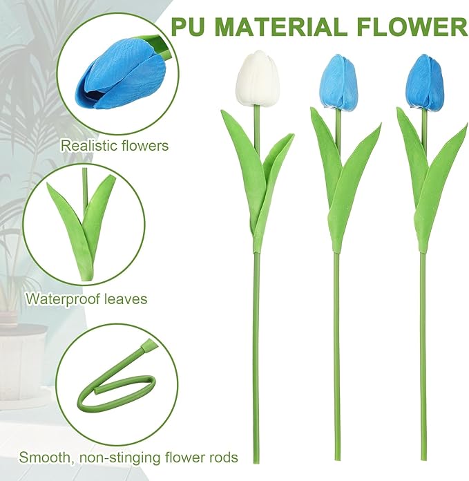 uxcell 20pcs Tulips Artificial Flowers, Faux Flowers Silk Fake Tulip Stems Real Touch for Wedding Bouquet Centerpiece Table Party Decoration(Blue, Sky Blue, Pure White)